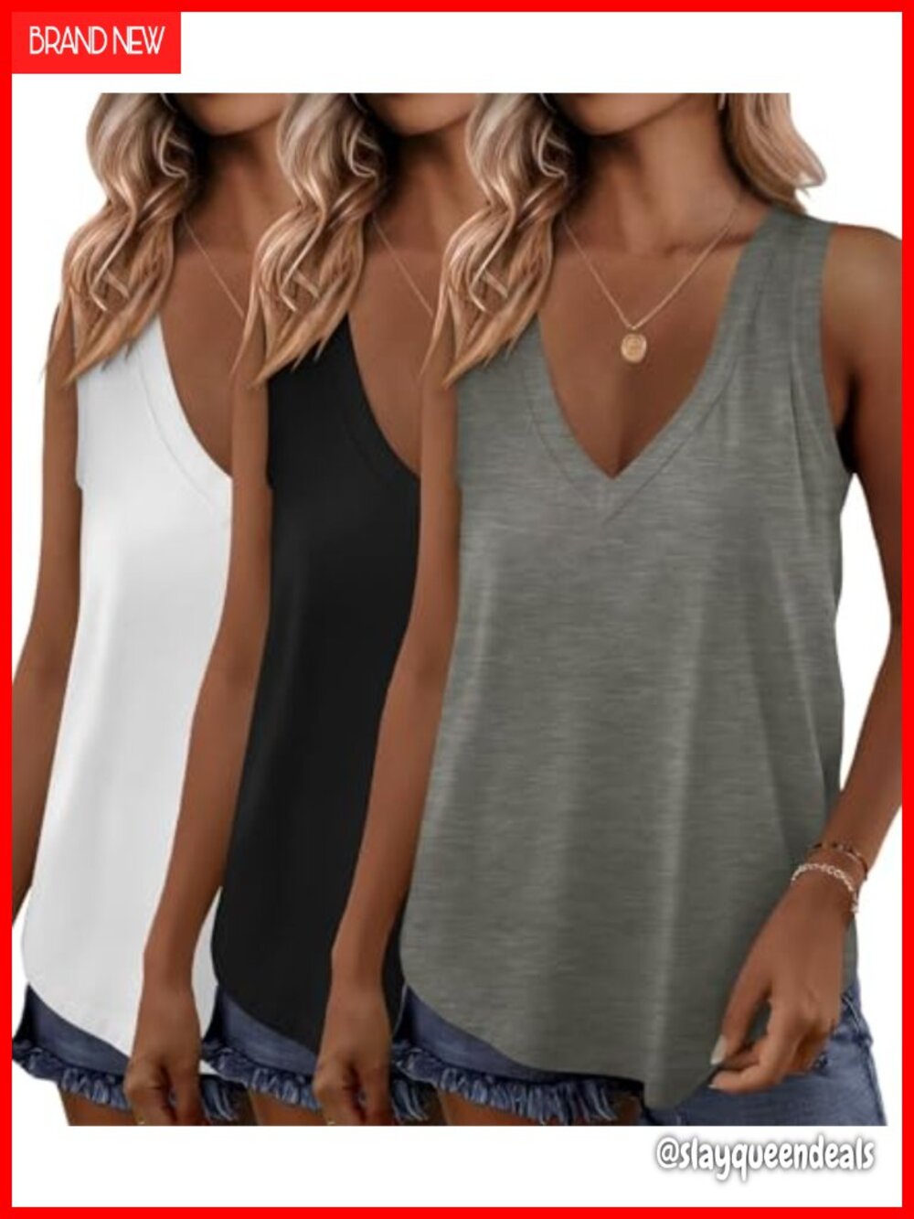 3 Pack Womens Tank Tops V Neck Sleeveless Shirts Summer Loose Fit